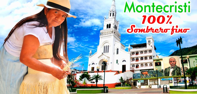 Tejedora de sombreros de paja toquilla, Basílica de la Virgen de Monserrate y el mural del expresidente Eloy Alfaro. Montecristi, Ecuador.