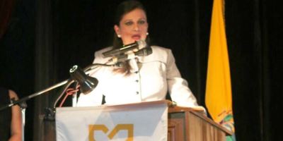 Katiuska Miranda Giler, ministra del MIDUVI, durante su rendición de cuentas en Manta. Manabí, Ecuador.