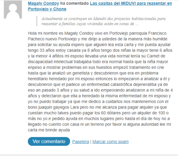 Petición de ayuda al MIDUVI