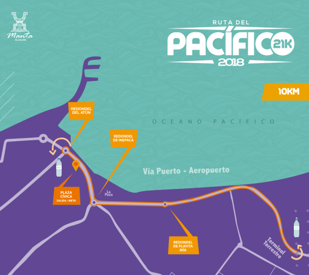 Croquis del recorrido de 10 km que seguirá la carrera pedestre Ruta del Pacífico 2018 en la ciudad de Manta. Manabí, Ecuador.