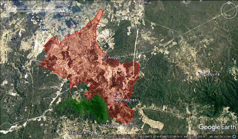 Mapa que señala el área de la reciente expansión de la ciudad de Montecristi. Manabí, Ecuador.