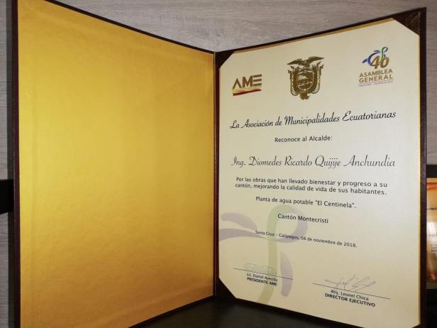 Reconocimiento de AME a la gestión del alcalde de Montecristi. Manabí, Ecuador.