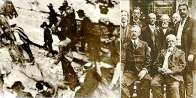 Fotocomposición: arrastre de los cuerpos sin vida de Eloy Alfaro Delgado y otros líderes liberales ecuatorianos. Enero 28 de 1912, en Quito. En la foto adjunta constan, en vida, Alfaro y altos cargos del gobierno que presidió (Tomada del sitio web del Viceministerio de Cultura y Patrimonio del Ecuador).