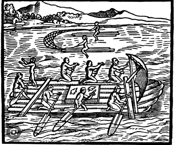 Dibujo primitivo de una balsa manteña surcando la mar. / Proporcionado por Víctor Arias Aroca, Nueva York