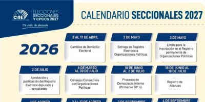 Segmento del calendario electoral ecuatoriano para el periodo 2026-2027. / FUENTE: CNE