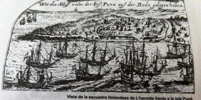 Dibujo histórico de navíos piratas anclados frente a la Isla Puná del Ecuador. /