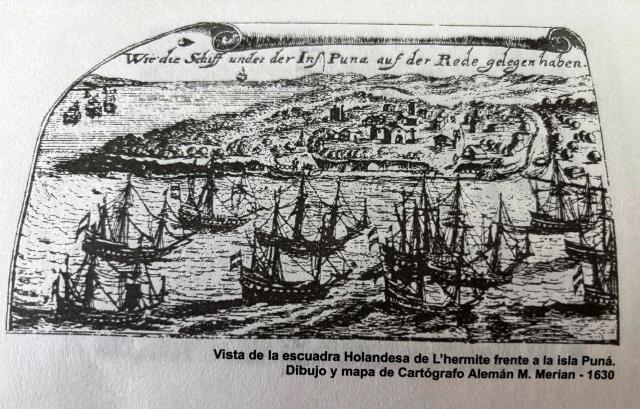 Dibujo histórico de navíos piratas anclados frente a la Isla Puná del Ecuador. /