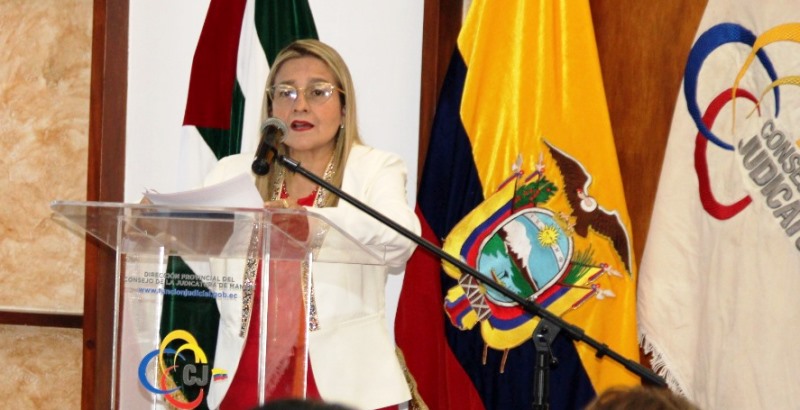 Teddy Ponce, directora provincial del Consejo de la Judicatura en Manabí, durante su rendición de cuentas de la gestión 2025. / FUENTE: CJ Portoviejo