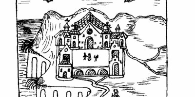 Templo histórico de Portoviejo, Ecuador (Segmento de dibujo de la época colonial española). FUENTE: Libro sobre Guamán Poma de Ayala. Rescatado por Vladimir Zambrano Galarza, Ecuador.