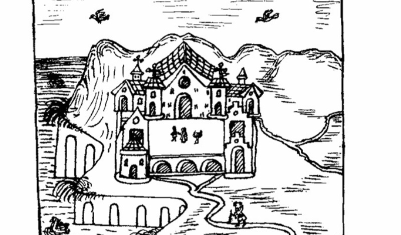 Templo histórico de Portoviejo, Ecuador (Segmento de dibujo de la época colonial española). FUENTE: Libro sobre Guamán Poma de Ayala. Rescatado por Vladimir Zambrano Galarza, Ecuador.