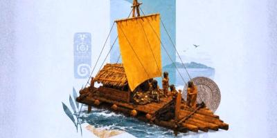 Representación gráfica de una balsa manteña, navío primitivo de las costas suramericanas (De invitación a simposio internacional temático en Manta, Ecuador).