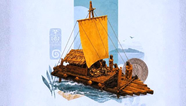 Representación gráfica de una balsa manteña, navío primitivo de las costas suramericanas (De invitación a simposio internacional temático en Manta, Ecuador).