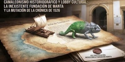 Recreación gráfica del camaleonismo historiográfico referente a la fundación de Manta, Ecuador (ARTE proporcionado por Jorge L. Bowen L.).