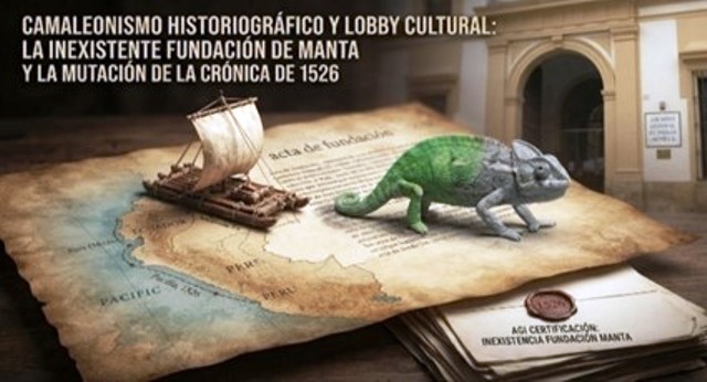 Recreación gráfica del camaleonismo historiográfico referente a la fundación de Manta, Ecuador (ARTE proporcionado por Jorge L. Bowen L.).