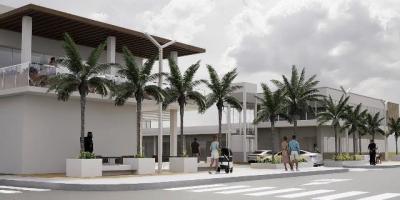 Representación arquitectónica del centro comercial Plaza Norte situado en el Cantón San Vicente, provincia de Manabí, Ecuador.